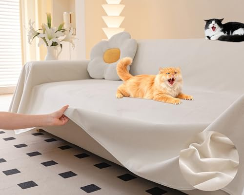 Loiion Kratzschutz Sofa Katze, Weich Couch Katzenschutz, Beige, 340x180cm | Sofa Überzug 3 Sitzer, Sofabezug Wasserdicht Tierhaare, Rutschfest Sofaüberwurf für Haustiere Kinder Hund Katze Kratzer