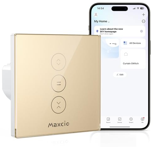 Interruptor Persiana Wifi Maxcio Compatible Con Alexa y Google Home, Dorado Interruptor Inteligente Persiana con Temporizador y Control por Voz, Requiere Cable Neutro, Dorado,1 Pack