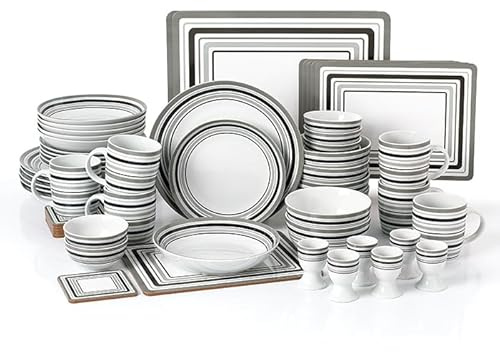 Waterside 56pc Grey Band Combination Tableware Set; Porcelain Dinner Plates, Side Plates, Soup Bowls, Deep Bowls, Mugs, Egg Cups & Snack Bowls & Placemats/Coasters