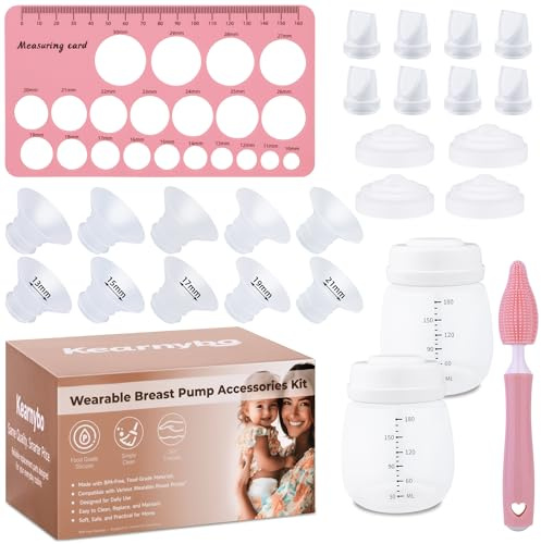 Kearnybo Replacement Parts Kit for M5 Wearable Breast Pump – Includes 2 Bottles, 8 Flanges, 8 Duckbill Valves, 4 Membranes, Sizing Ruler & Brush – BPA-Free, Easy to Clean