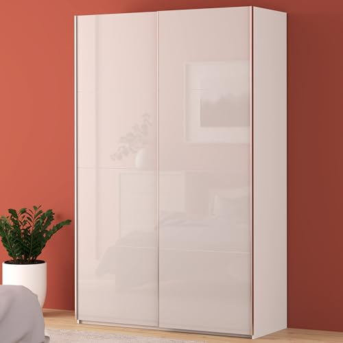 Forte FITTIO Kleiderschrank 150, moderner Schwebetürenschrank, 2-türig, Kleiderstange, Einlegeböden, Schlafzimmer, Holzwerkstoff, Weiß Hochglanz, 150,1 cm breit x 235 cm hoch x 61,2 cm tief