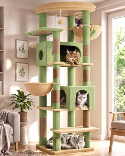 Globlazer Large Cat Tree for Indoor Cats 188 CM, Cat Tower XXL with Spacious Cat Caves 50 * 30 * 30CM, Cushioned Platform, 2 Hanging Basket, Sturdy Cat Tree for Heavy Cats Rest Scratch (S74, Green)