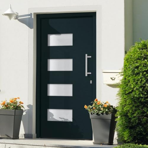 QJBSAVVA Porta di casa in alluminio e PVC antracite, 100 x 210 cm, serratura di sicurezza a 5 punti, vetro ISO a 3 strati, apertura destra verso l'interno, robusta, moderna, per casa, ingresso
