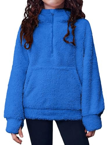 Felpa con cappuccio in pile da ragazza, mezza zip, doppia pile, comoda giacca con tasche per abbigliamento casual e gioco, Blu, 13-15 anni