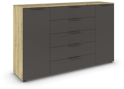 Rauch Möbel Flipp, Kommode, Farbe Graphit/Eiche Artisan, Breite 160 cm | Sideboard, 2-türig, 5 Schubladen, Soft-Close-Funktion, für Schlafzimmer, Gästezimmer, Wohnzimmer, Garderobe, Flur