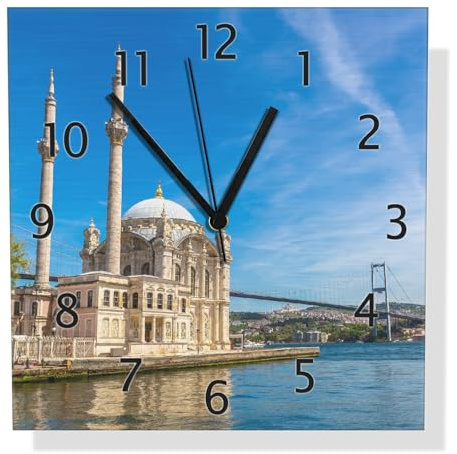 Wallario Design Wanduhr Moschee am Bosporus aus Aluverbund, Alu-Uhr Größe 30 x 30 cm, Schwarze Zeiger mit Metalloptik