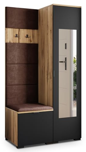 Masseno Flugarderoben Set VIRA, Kleiderschrank-Set mit Spiegel und Sitzbank, Garderobenschrank Flur mit 3 Regalböden, Eiche Wotan/Schwarz