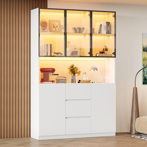 BTM Glasvitrine Stehend mit LED, Regalen & Schubladen Hochschrank Vitrinenschrank Wohnzimmer Küchenvitrine Weiß