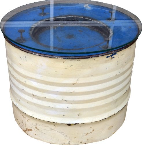 GURU SHOP Metall-Beistelltisch aus Recyceltem Dieselfass mit Glasplatte - Modell 1, Creme-weiß, 45x57x57 cm, Kaffeetische & Bodentische