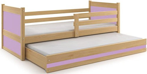 Interbeds Funktionsbett Doppelbett Rico 190x90cm, Farbe: Kiefer; mit Lattenroste und Matratzen (Kiefer + lila)