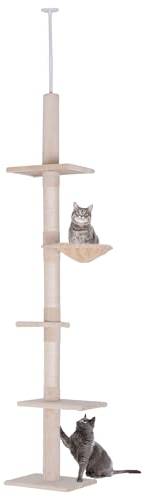 PawHut Árbol para gatos Torre Rascador de Gato de 5 Niveles Fijado al Techo Ajustable en Altura con Múltiples Plataformas Cubierta de Felpa Suave 40x34x230-260 cm Beige