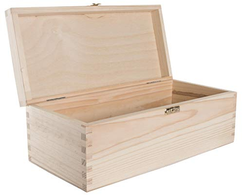 WooDeeDoo Oblong Wooden Storage Box with Hinged Lid and Clasp – 30 x 14 x 10.5 cm – Pine Keepsake Case for Tools Crafts Gift Packaging Memory Items