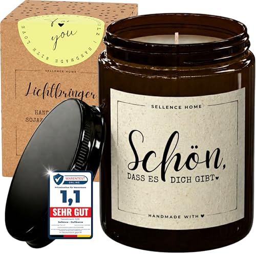 LICHTBRINGER Duftkerze Schön, dass es dich gibt, Geschenke für Frauen, 70 h | Dankeschön Geschenke für Kollegin, Erzieherin, Freundin, 210 g Sojawachs, Bergamotte-Zedernholz, Geschenkbox, handgegossen