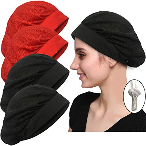 4 oder 8 Stück Kochmützen Küche Kochen Chef Cap Einstellbare Food Service Haarnetze Wiederverwendbar Waschbar Mesh Bouffant Beanie, 4er-Pack Kordelzug Schwarz + Rot, Einheitsgröße