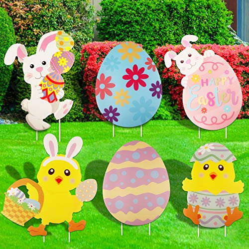 Jangostor 6 Stück Ostern Werbeschilder, Gartenschilder Ostern mit den Häschen-Hühner und Ostereier Stakes für Garten-Rasen-Yard-Dekoration Ostern Props Dekor