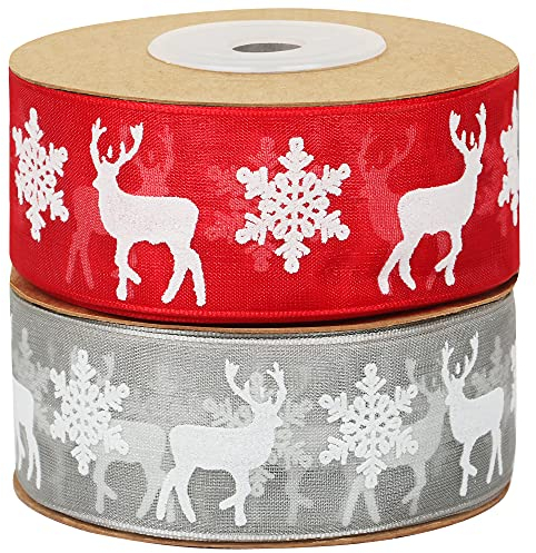 TRIXES Cinta de Navidad de tela de organza roja y gris/plateada, 10 m, ideal para envolver regalos, decoraciones, pasteles, decoración de árboles