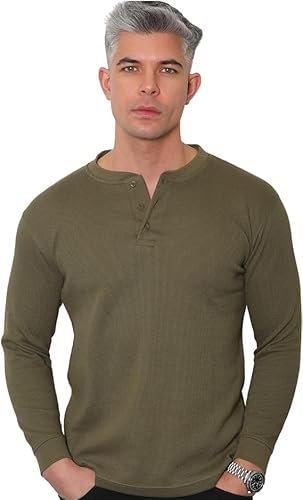 Long Sleeve Henley T Shirt Mens Grandad Shirt Mens Tops Casual Waffle Knit Button Shirt 2208 XXL Khaki