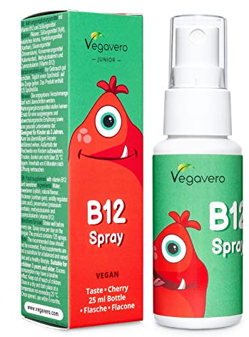 Vitamin B12 Spray für Kinder Vegavero® | Vegan & Zuckerfrei | 5 µg B 12 in zwei Formen | Methylcobalamin | Leckerer Kirschgeschmack | Immunsystem & Energie*