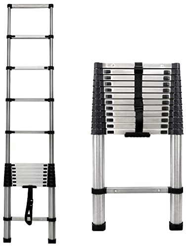 Scala telescopica da 3,8 m, in acciaio inox, pieghevole, antiscivolo, design telescopico, in acciaio inox di alta qualità, portatile, leggera, portata 150 kg, certificazione EN131