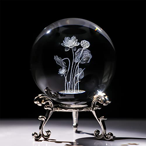 HDCRYSTALGIFTS Figurine de Fleur de Lotus en Cristal avec Support de Fleurs plaqué Argent - Boule décorative en Verre pour décoration d'intérieur - 60 mm