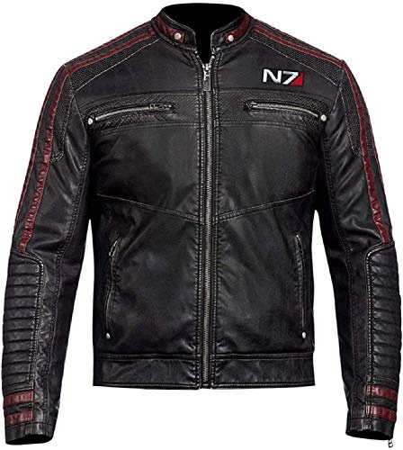JACKETZONE N7 Lederjacke | Commander Shepard schwarz Motorrad Gaming Lederjacke, Kunstleder - Schwarz, L