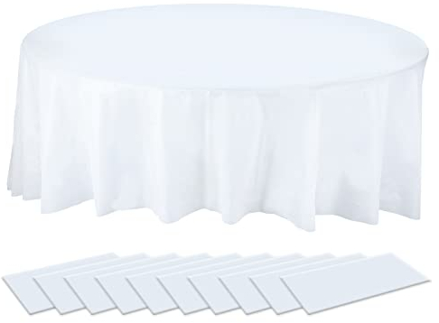 PLULON 10 Stück runde Tischdecken aus Kunststoff, weiß, 84 Zoll, wasserdichte PEVA-Tischdecke, Bulk für Geburtstag, Hochzeit, Picknick, Zuhause, Party, Tischdekoration