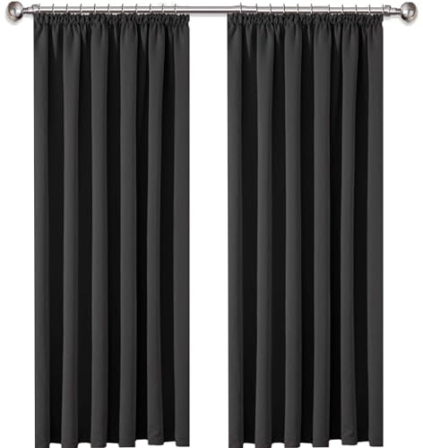 AMEHA Blackout Curtains for Bedroom - Pencil Pleat Grey Curtains 90x90 Drop Inch Window Treatments Super Soft Thermal Black Out Living Room Curtain Pair Panels with Two Tie Backs