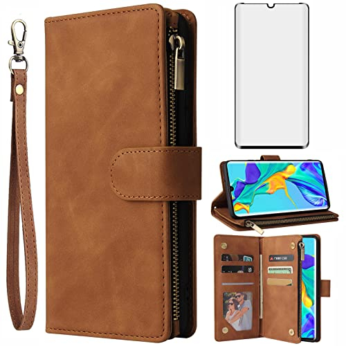 Asuwish Handyhülle für Huawei P30 Pro Hülle mit Folie Schutzfolie und Kartenfach Klappbar Leder Geldbörse Ständer Reißverschluss HuweiP30Pro Hawaii P 30 P30Pro VOG-L29 Schutzhülle Phone Case Braun