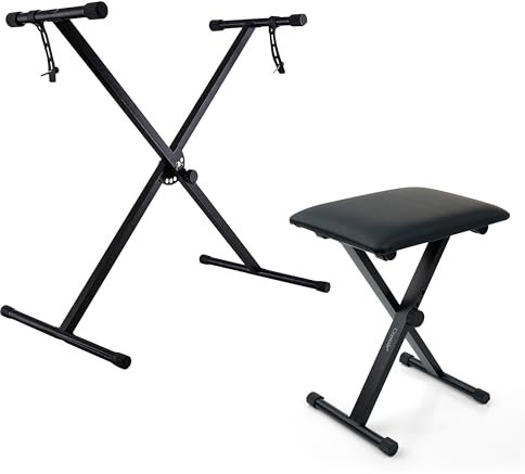 Crystals Foldable Electronic Keyboard Piano Stool and Stand Double/Single Braced X Frame Stand - Black (Single Braced Stand and Chair)