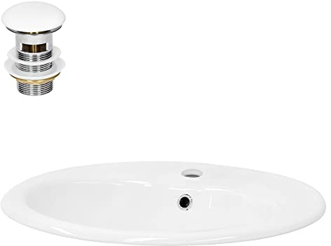 ML-Design Lavabo Cerámica Blanco Brillante Forma Ovalada 570 x 195 x 485 Con Juego De Desagüe Con Rebosadero Válvula Pop Up 100 mm Altura Lavamanos Empotrado Moderno De Encimera Para Baño Aseo