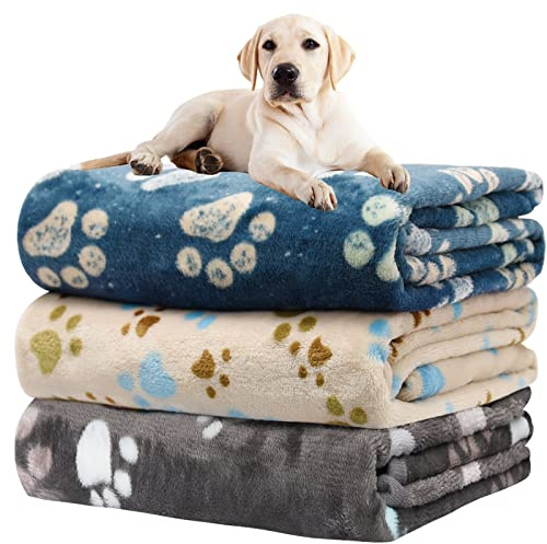 Rezutan 1 Pack 3 Blankets for Dogs, Dog Blanket for Large & Medium Pet Cat, Premium Soft Fluffy Suitable for Dog Kennels & Beds, Sofas, Gifts Puppy Essentials, 41x31inch, Gray/Blue/Beige
