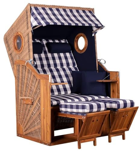 Yoursol Strandkorb Trend 45 743, PE, blau-weiß kariert, Breite 120 cm, Akazienholz, Halblieger mit Sitzkissen