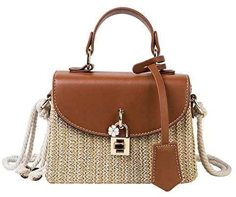 Sac à bandoulière en paille pour femme - Sac à bandoulière tissé à la main en cuir avec poignée sur le dessus - Petit sac à main bohème en rotin, Marron., Taille unique