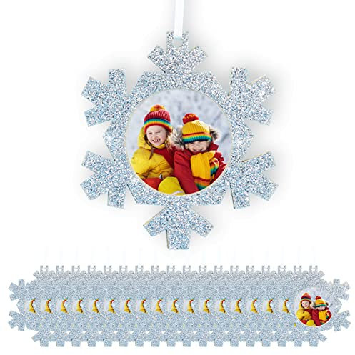 Fassory 20 Pcs Christmas Ornaments Felt Glittering Hanging Photo Frame, Xmas Tree Baubles, Pictured Gift Tags, Anniversary Decorations, Birthday Party Supplies (Silver Snowflakes)