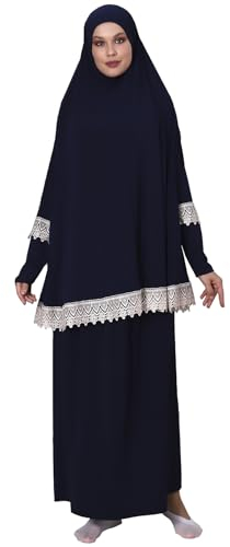 ihvan online Muslimische Kleider für Damen, zweiteiliges langärmeliges islamisches Gebetskleid, Hijab, Blau gemustert, Einheitsgröße