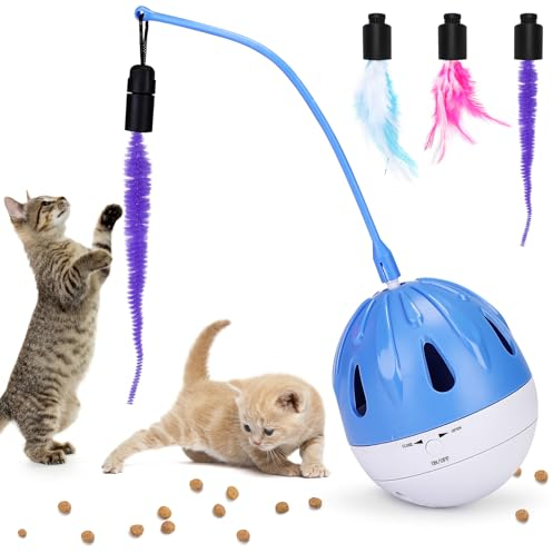 PETTOM Jouet Chat Interactif 3 en 1, Jeu Chat Plumes Motorisé à Piles, Jouet Tumbler pour Fuir Les Aliments, Bleu