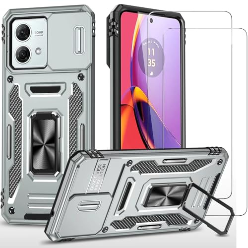 Jeelar ESONG Antichoc Coque Para Motorola Moto G84 5G,TPU+PC Housse Protection de Qualité Militaire avec Lentille Coulissante Couverture/2* Verre Trempé,Compatible Support De Voiture Magnétique-Gris