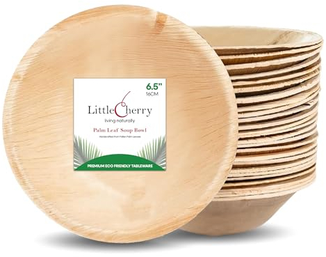 Little Cherry Pack Palm Leaf Bowls | Eco-Friendly Disposable Bowls Perfect for Parties, BBQ & Catering | Single Serving Dishes, Mini Bowls, Dessert Bowls (Soup Bowl - 6.5 Inch, 25, Count)