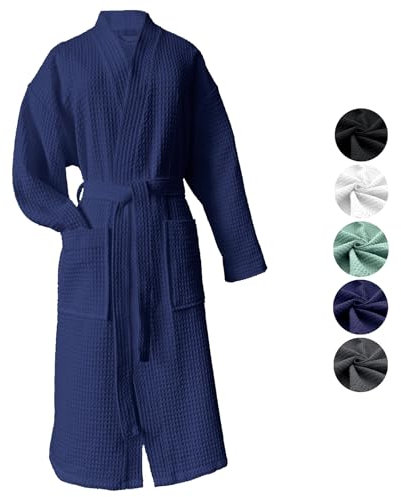 heimtexland ® Peignoir de bain en piqué gaufré - 100 % coton - Certifié Oeko-Tex - Séchage rapide - Doux pour la peau - Pour homme et femme - Type 881, bleu marine, XL