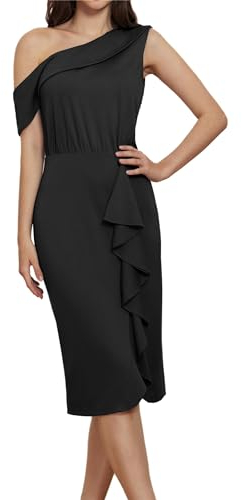GRACE KARIN Damen Elegantes Hohe Taille Lotusblattdekoration Kleid Eine Schulter Wickelkleid Schwarz XL
