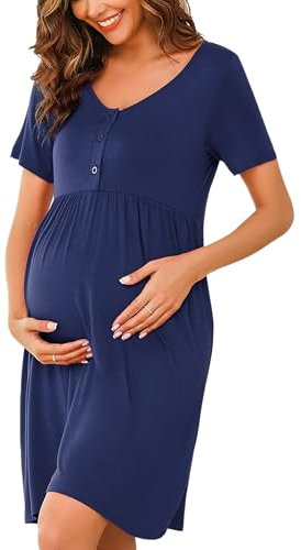 Bresdk Chemise de Nuit de Maternité à Boutons pour Femmes Vêtements de Nuit à Manches Courtes Hôpital d'allaitement, Bouton - Bleu foncé, S