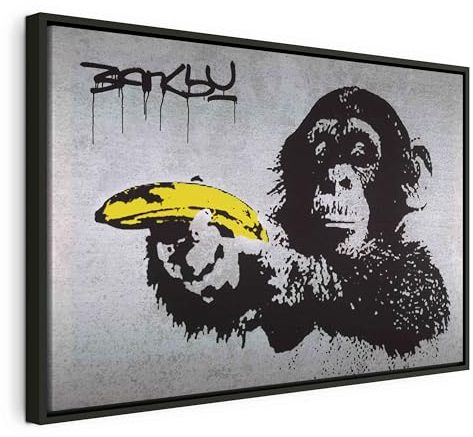 B&D XXL Bilder mit Rahmen 120x80 cm Wandbilder groß Leinwandbild XXL schwarzer Holzrahmen modern Wanddekoration Kunstdruck Wanddeko Wohnzimmer Banksy Monkey with Banana Gun Affe mit bananen Pistole