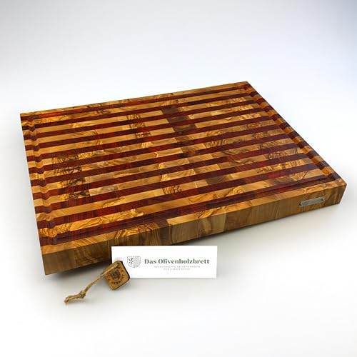 DAS OLIVENHOLZBRETT®Mosaik/Streifen Schneidebrett mit Saftrille 40x30x4,5cm | Luxus Hirnholzbrett aus Olivenholz - Stirnholz/Massiv/Rechteckig/Saftrinne/ Saftrille/hochwertiges Küchenbrett!