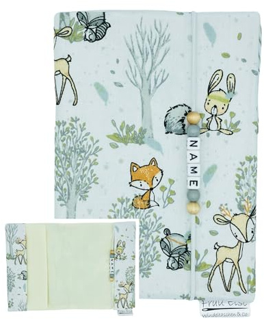 U-Heft Hülle Impfpassfach mit Name MuKi Pass - Waldtiere boho Indianer Reh Fuchs Hase - weiß creme beige - für Jungen und Mädchen