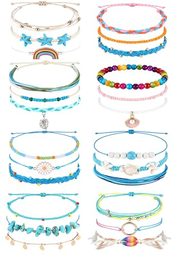 Kakonia 24 Stück Knöchel Armbänder Damen Strand String Perlen Fußkettchen Boho Urlaub Surfer Set Handgemachte Seil Sommer Fußschmuck Einstellbar für Frauen