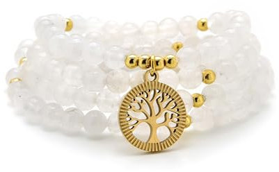 Accessori per la meditazione, 108 perle Mala, ciondolo albero della vita in oro, bracciale o collana di perle yoga per uomo o donna (Giada bianca (White Jade))