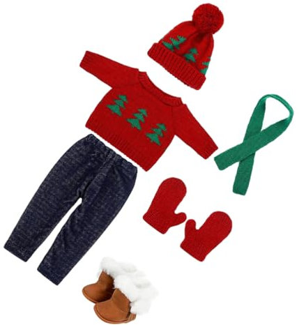JECOMPRIS Puppen-Winterkostüm Weihnachtskleidung Puppen-Outfits-Set Baumwolle Weihnachtspullover Hose Mütze Schal Handschuhe Schneestiefel 18
