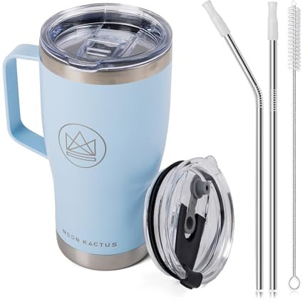Neon Kactus 600ml/20oz Insulated Travel Mug with Handle, 2 x Stainless Steel Straws & 2 x Spillproof Lids, Vacuum Double Wall Stainless Steel Tumbler for Hot & Cold Drinks - Sea Breeze