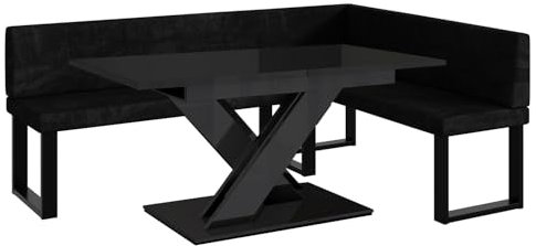 MEBLINI Eckbank für Esszimmer mit ausziehbarem Tisch - Küchenbank - Essecke - Sitzecke Küche - Peter - U-Beine 142x196x87cm Rechts - Graphit Samt/B Schwarz Hochgl.