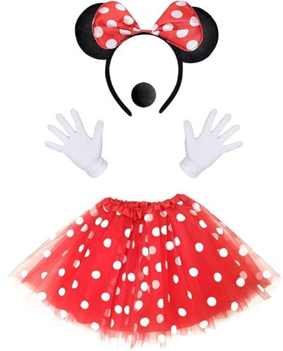 Shirene Mouse Costume,4 Pcs Mouse Costume Accessories Girls Mouses Costumes Mouse Dress Up Outfits Kit Red Polka Dot Tutu Mouses Ears Headband Nose for Halloween Dress up Birthday Party